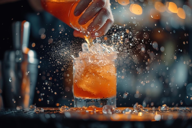 Ein Barkeeper bereitet einen Cocktail mit Orangen und Eis vor