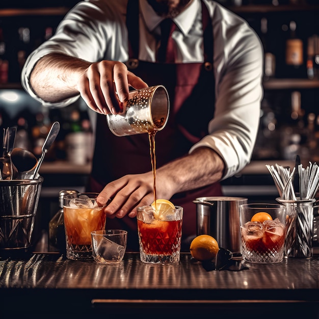 Ein Barkeeper gießt ein Getränk in ein Glas mit einem Getränk drin.