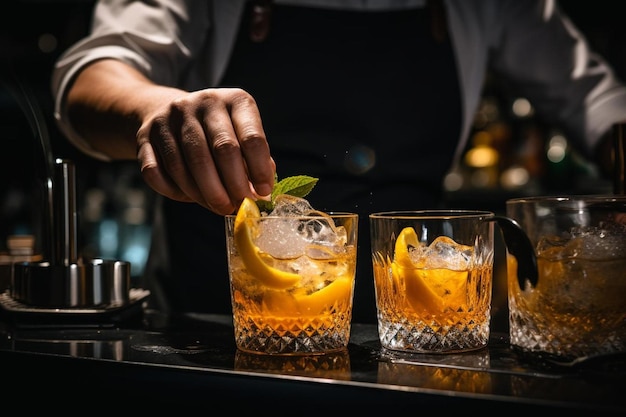 Ein Barkeeper gießt einen Drink in ein Glas mit einer Zitronenscheibe darauf.