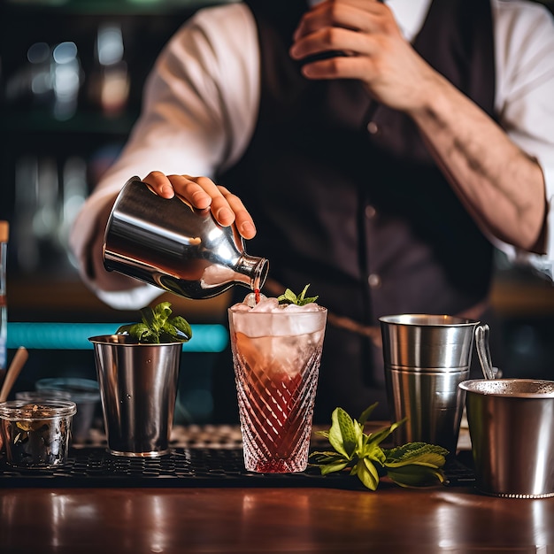 Ein Barkeeper gießt mit einem Strohhalm ein Getränk in ein Glas.