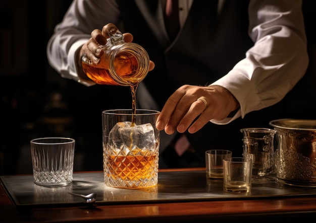 Ein Barkeeper rührt gekonnt einen Sazerac mit einem langstieligen Löffel um und fängt das Geschehen ein