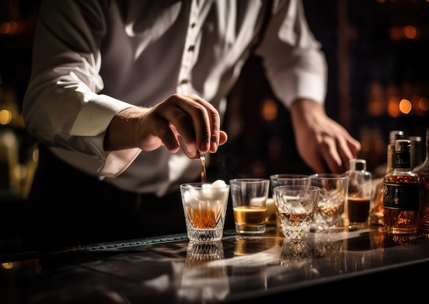 Ein Barkeeper schichtet gekonnt einen White-Russian-Cocktail hinter einer Vintage-Bar auf