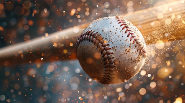 Ein Baseball schlägt die Fledermaus im perfekten Moment mit den Stadionlichtern, die herunterleuchten