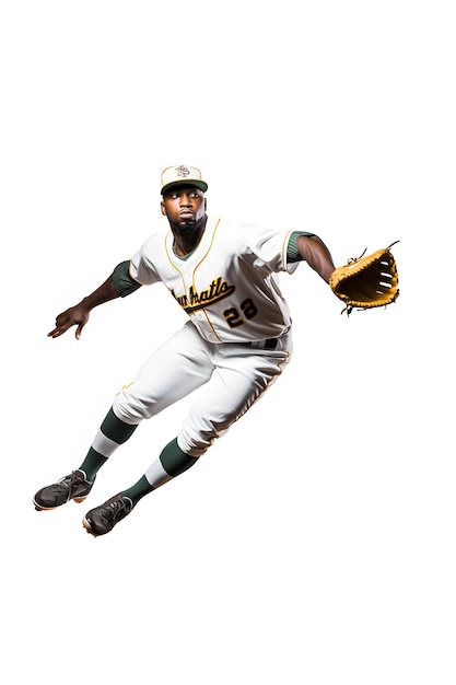 ein Baseballspieler, der eine gelb-weiße Uniform mit dem Wort „32“ auf der Vorderseite trägt.