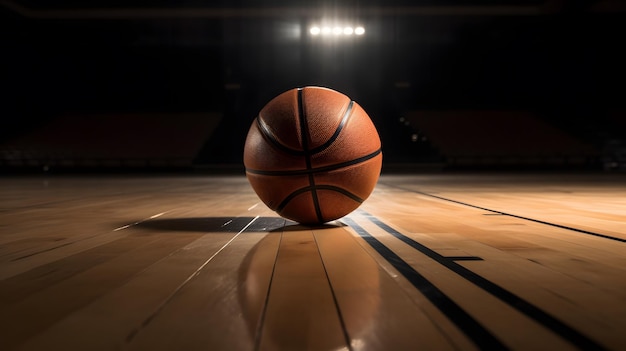 Ein Basketball auf einem Spielfeld mit eingeschaltetem Licht