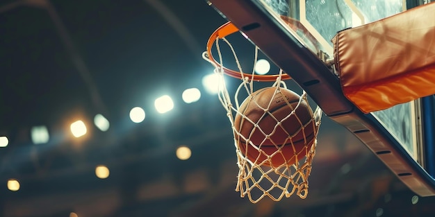 Ein Basketball ist in der Luft und steht kurz davor, durch ein Netz zu gehen. Das Bild spielt in einem Stadion mit leuchtenden Lichtern.