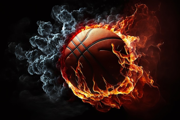 Ein Basketball ist von einem dunkelschwarzen Hintergrund mit Flammen umgeben