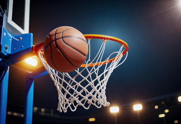 Ein Basketball segelt durch die Luft und schlägt präzise in den Reifen auf dem Basketballplatz.