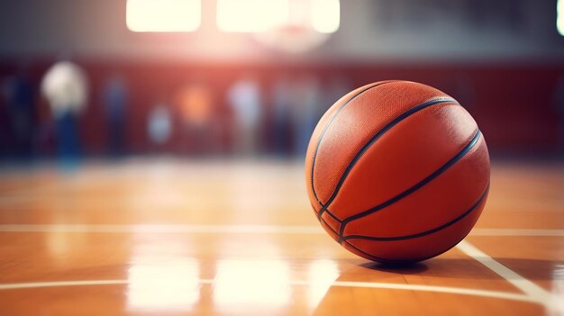 Ein Basketballball auf dem Boden eines Basketballplatzes in einer Sporthalle