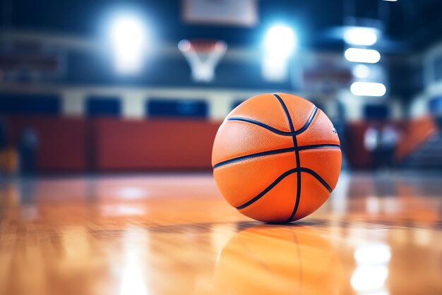 Ein Basketballball auf dem Boden eines Basketballplatzes in einer Sporthalle