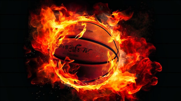 Ein Basketballball auf einem Feuer auf schwarzem Hintergrund