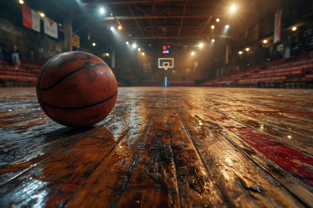 Ein Basketballball auf einem Holzboden vor einem Basketballplatz