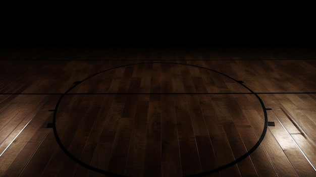 Ein Basketballfeld mit schwarzem Hintergrund und einem Licht aus der Mitte.