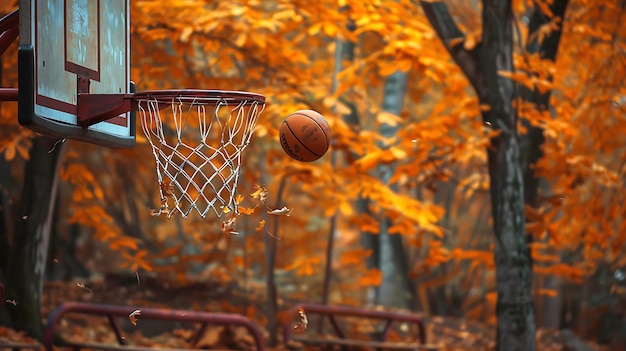 ein Basketballhoop mit einem gelben Baum im Hintergrund