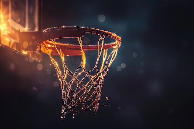 ein Basketballhoop mit einem Netz im Dunkeln