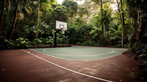 Ein Basketballplatz in einem tropischen Dschungel mit einem Basketballkorb und der Aufschrift „Basketball“ an der Seite.