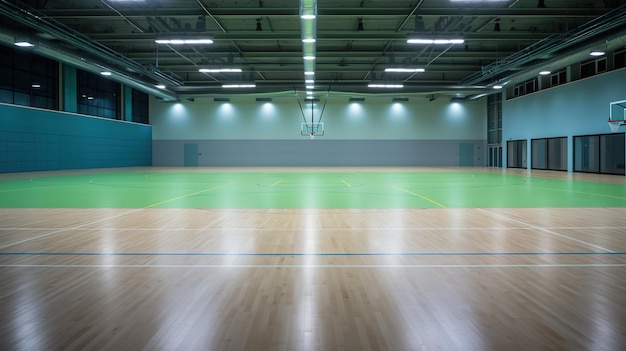 Ein Basketballplatz mit grünem Boden und Lichtern an der Decke