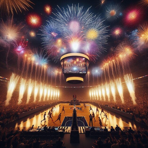 Foto ein basketballspiel entfaltet sich unter einer leinwand aus explodierendem feuerwerk, das von ki generiert wird.