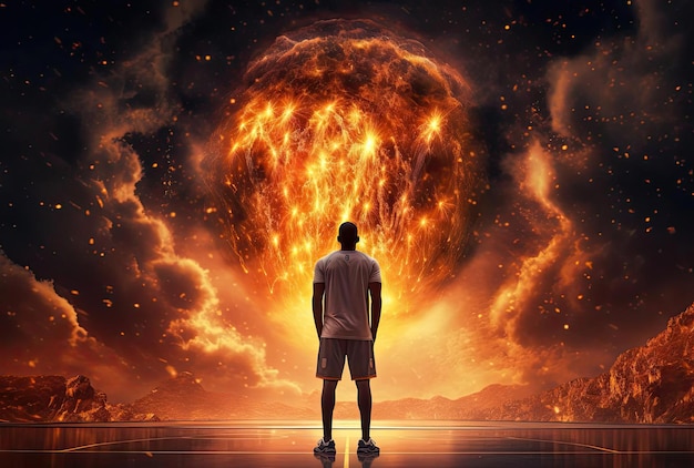 Ein Basketballspieler bereitet sich darauf vor, mit einem Feuerwerk im Hintergrund ein Tor zu erzielen