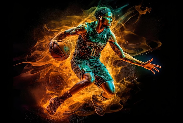 ein Basketballspieler, der vor dunklem Hintergrund spielt