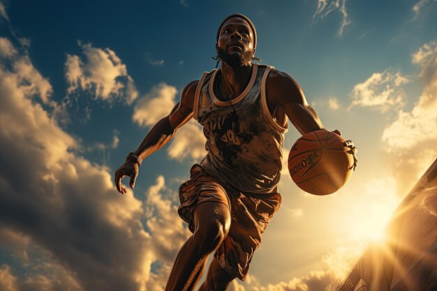 Foto ein basketballspieler dribbelt einen basketball, während er durch die luft in richtung des reifens fliegt.