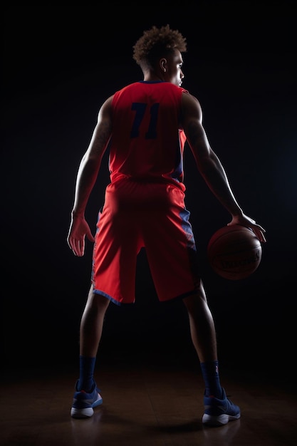 Ein Basketballspieler mit der Nummer 71 auf dem Rücken steht in einem dunklen Raum.