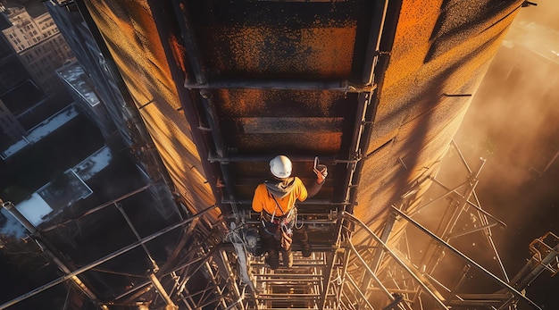 Ein Bauarbeiter auf einem Gerüst mit der Aufschrift „Construction“ oben.