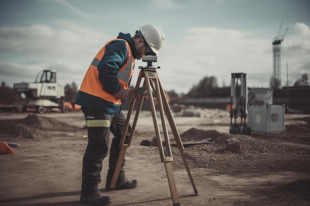 Ein Bauarbeiter benutzt ein Stativ auf einer Baustelle