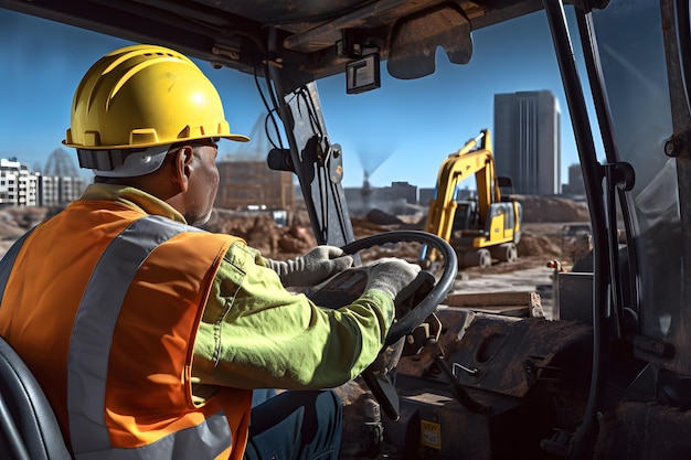 Ein Bauarbeiter, der auf einer Baustelle schwere Maschinen bedient