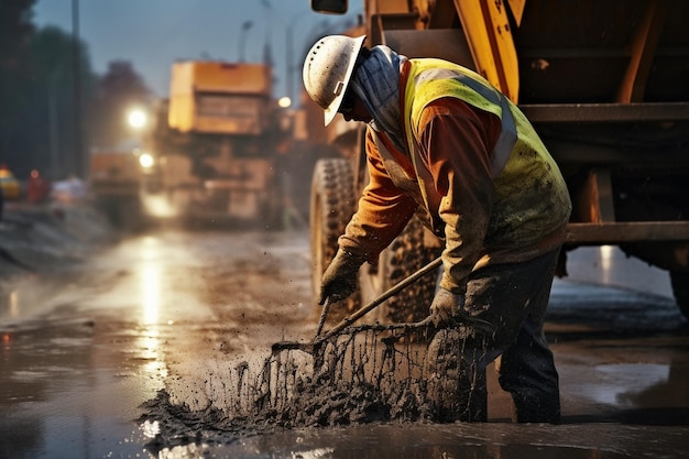 Ein Bauarbeiter gießt nassen Beton auf einer Straßenbaustelle