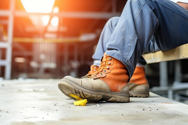 Ein Bauarbeiter hat einen Unfall, als er auf einer Baustelle auf einen Nagel tritt.