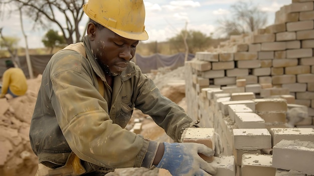 Ein Bauarbeiter mit Hut und Handschuhen legt sorgfältig Ziegel, um eine Mauer zu bauen