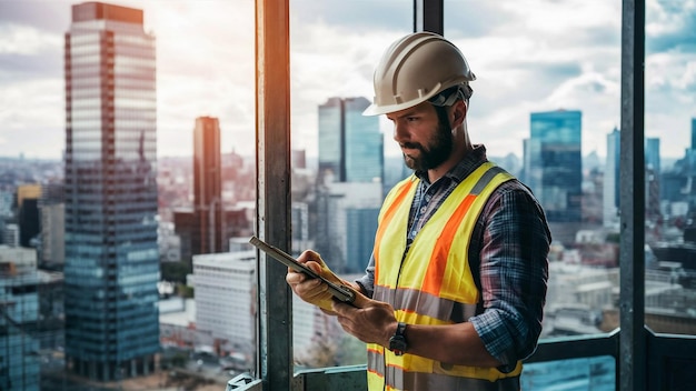 ein Bauarbeiter steht vor einem Fenster mit einem Blick auf die Skyline der Stadt