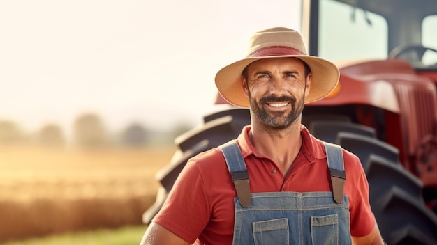 Ein Bauer arbeitet auf dem Feld. Ein erwachsener Bauer vor dem Hintergrund eines roten Traktors. Das Konzept der Arbeit in ländlichen Gebieten. Agrarindustrie. Kopierraum-Banner. Generative KI
