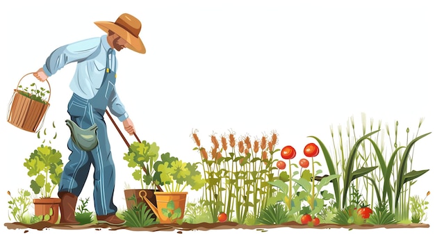 Ein Bauer arbeitet auf seinem Feld, er trägt einen Hut und einen Overall, er hält eine Haube, auf dem Feld wachsen viele verschiedene Pflanzen.