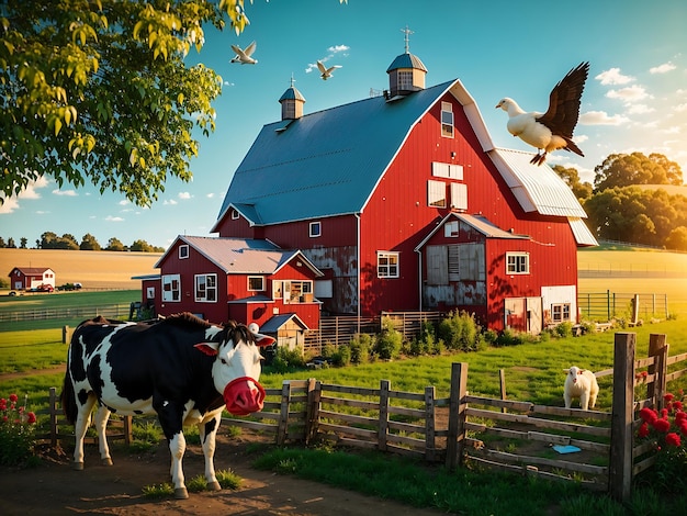 Ein Bauer auf seinem Bauernhof mit Nutztieren