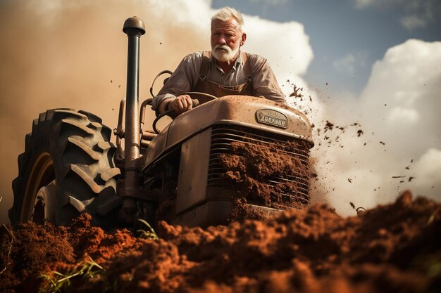Ein Bauer bearbeitet den Boden mit einer Scheibenegge in Deutschland. Generative KI
