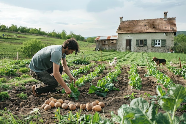Ein Bauer erntet Gemüse im Garten in der Nähe eines Dorfhauses. Er züchtet Kräuter und Gemüse. Arbeit und Hobbys.