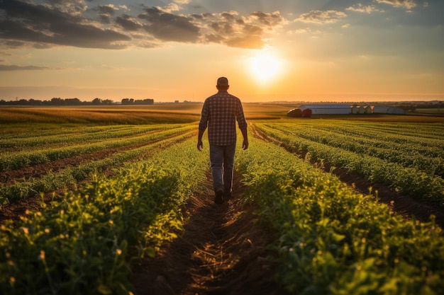 Ein Bauer geht auf einem sonnigen Feld spazieren