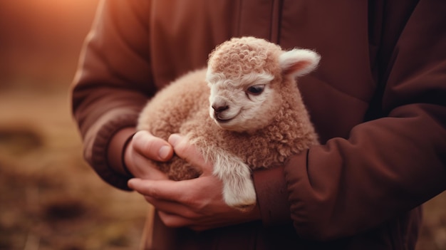 Ein Bauer hält ein Baby-Alpaka