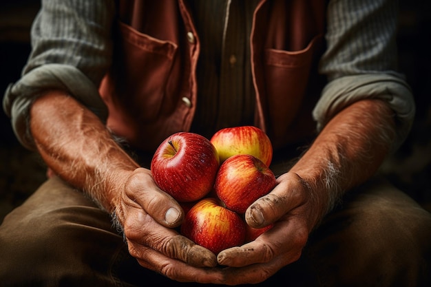 Ein Bauer hält eine Handvoll reife Äpfel in der Hand