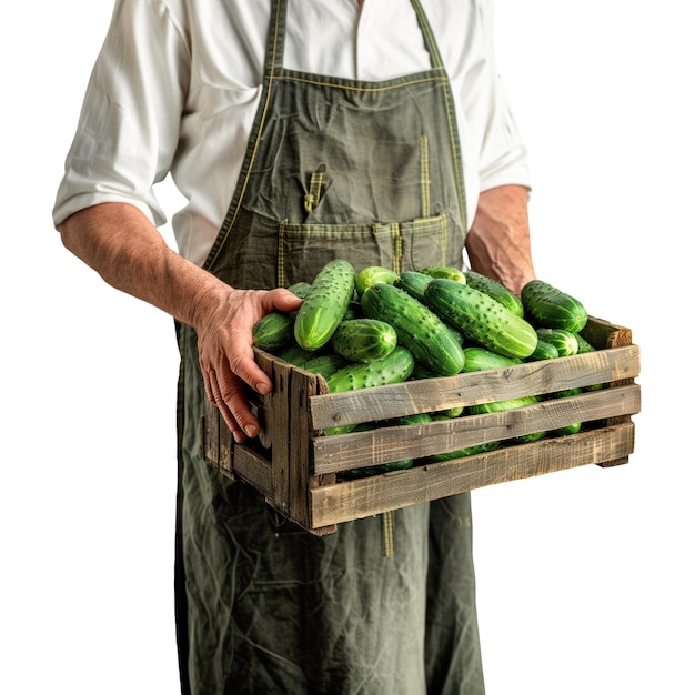 Ein Bauer in einer Schürze hält eine Schachtel mit frischen Gurken auf einem weißen oder transparenten Hintergrund seitlich
