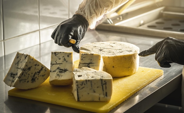 Ein Bauer in schwarzen Handschuhen schneidet einen Kopf aus würzigem Gorgonzola-Käse mit Blauschimmel mit einem Hobel in Stücke