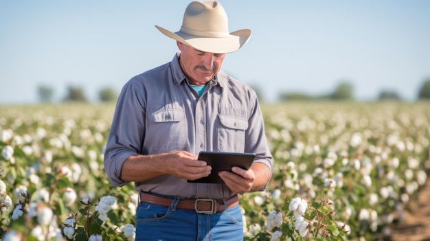Ein Bauer mit Hut spaziert über das Baumwollfeld und nutzt einen Tablet-Computer. Landwirtschaftliches Konzept