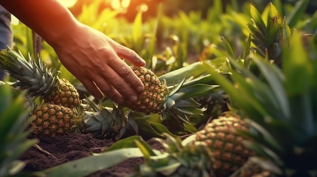 Ein Bauer pflückt Ananas-Ernte-Konzept