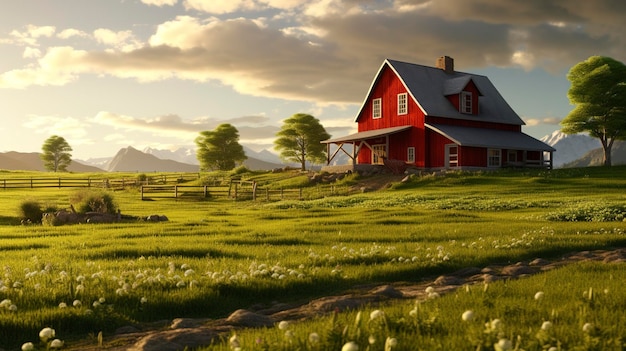 Ein Bauernhaus mit einer roten Scheune und hügeligem Ackerland im Hintergrund