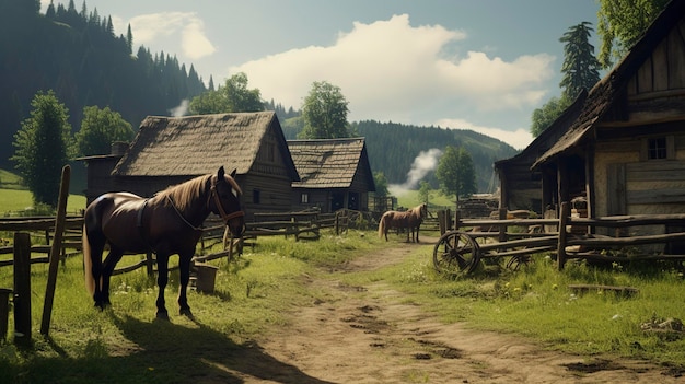 Ein Bauernhaus mit Pferdestall und grasenden Pferden