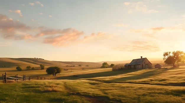 Foto ein bauernhaus mitten auf einem feld mit einem sonnenuntergang im hintergrund