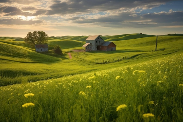 Ein Bauernhof auf einem Feld mit grünem Gras