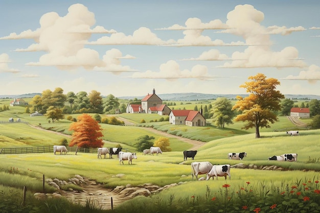 Ein Bauernhof mit Bauernhof und ein Bauernhof mit Bauernhof und einem Bauernhaus im Hintergrund.